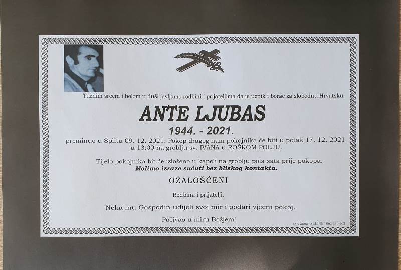 OBAVIJEST O SMRTI : Preminuo je Ante Ljubas (1944. – 2021.) –  tomislavnews.com